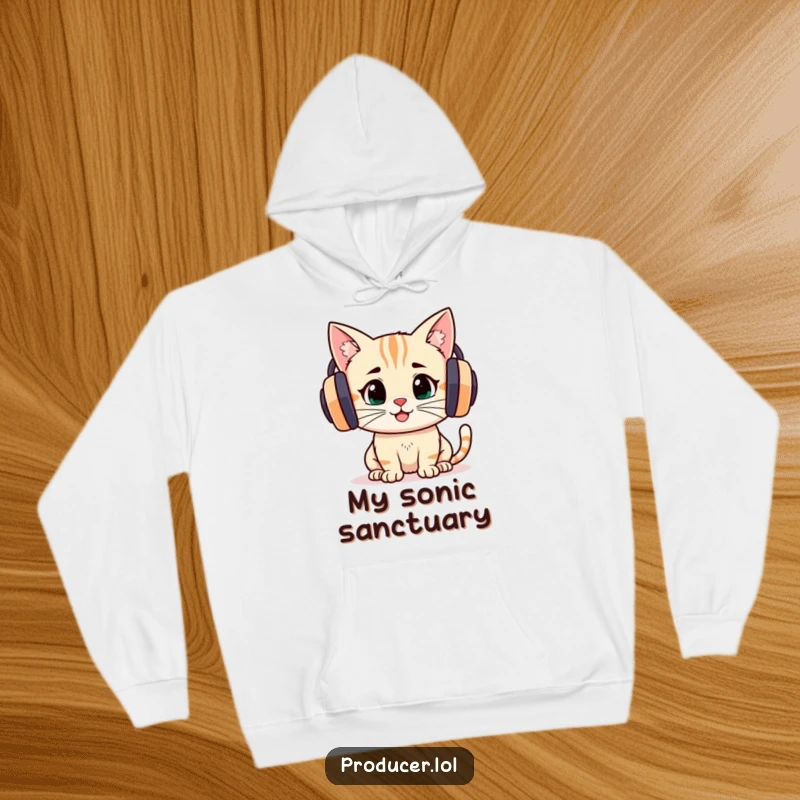 Funny cartoon cat intently listening through large headphones, conveying focus and joy on this soft hoodie.