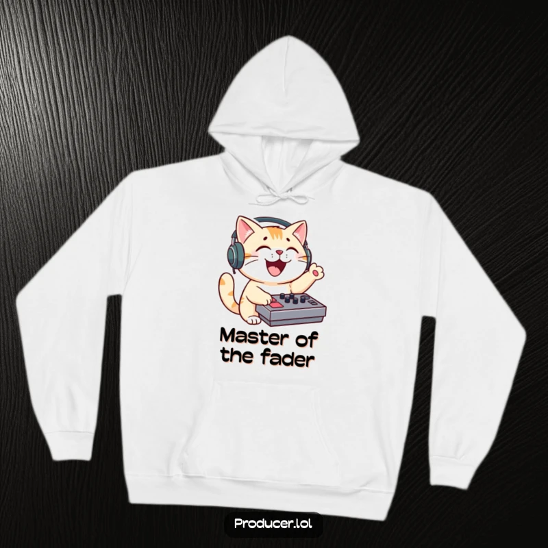Funny cat DJ hoodie, cute feline with headphones, enthusiastically operating a sound mixing board, ready to party.