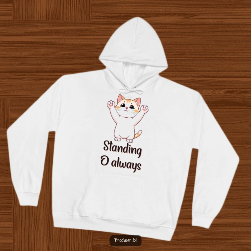 Funny cat hoodie depicting a focused cat in a standing ovation pose with its hands raised, conveying joyous applause.