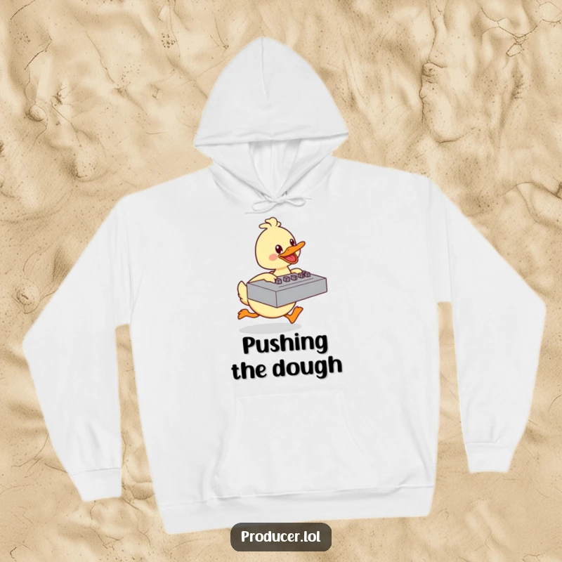 Funny duck hoodie with a happy cartoon character energetically pushing a large mixing board, offering cozy comfort and baking humor.