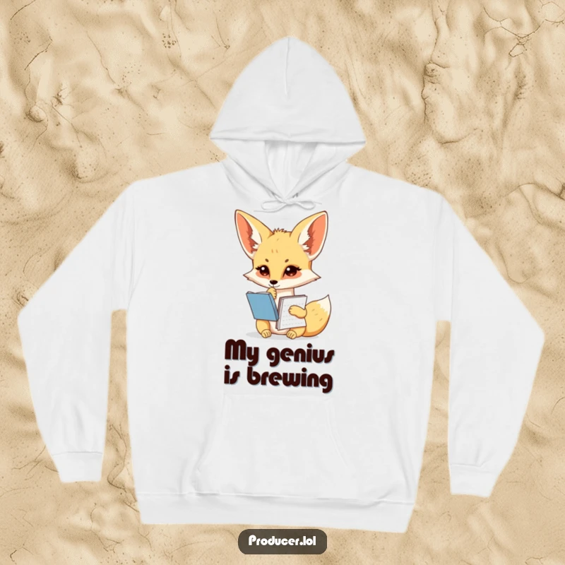 Funny fennec fox hoodie, contemplating writer, holding script notebook, cozy and warm, creative inspiration apparel.