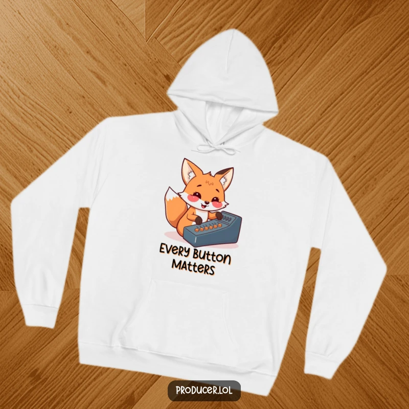 Funny fox hoodie, pressing soundboard buttons, cheerful DJ theme, cozy and warm, great gift for producers.