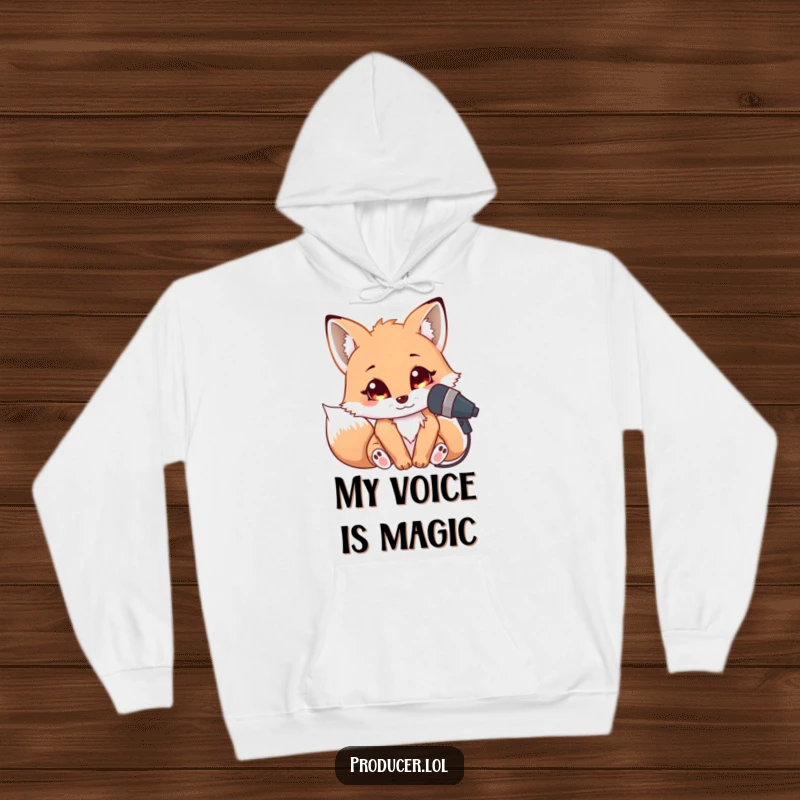 Funny Fox Singer Hoodie: A cuddly fox leaning into a microphone with bright eyes, exuding musical passion and comfort.
