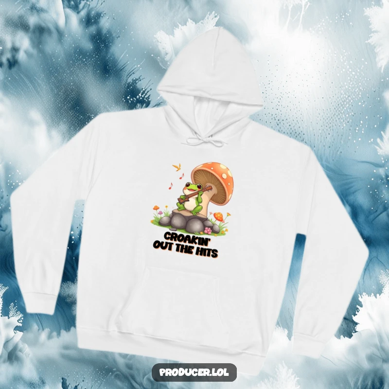 Funny Frog Symphony Hoodie: A joyful frog performs a musical masterpiece from a giant mushroom, a warm and hilarious hoodie for cozy moments.