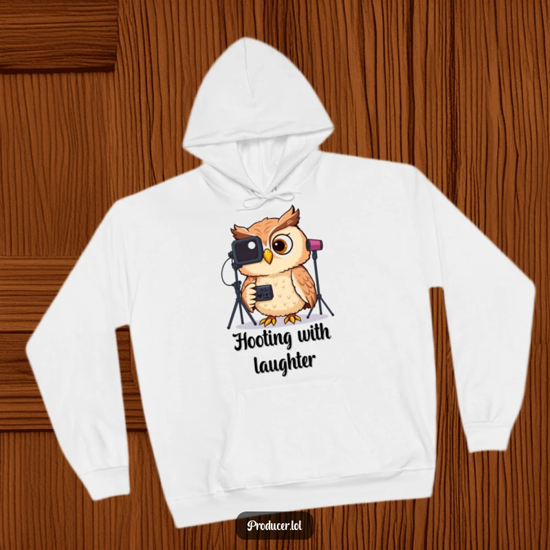 Funny hoodie showcasing a highly amused owl with headphones, reviewing important studio video footage on a screen with a chuckle.