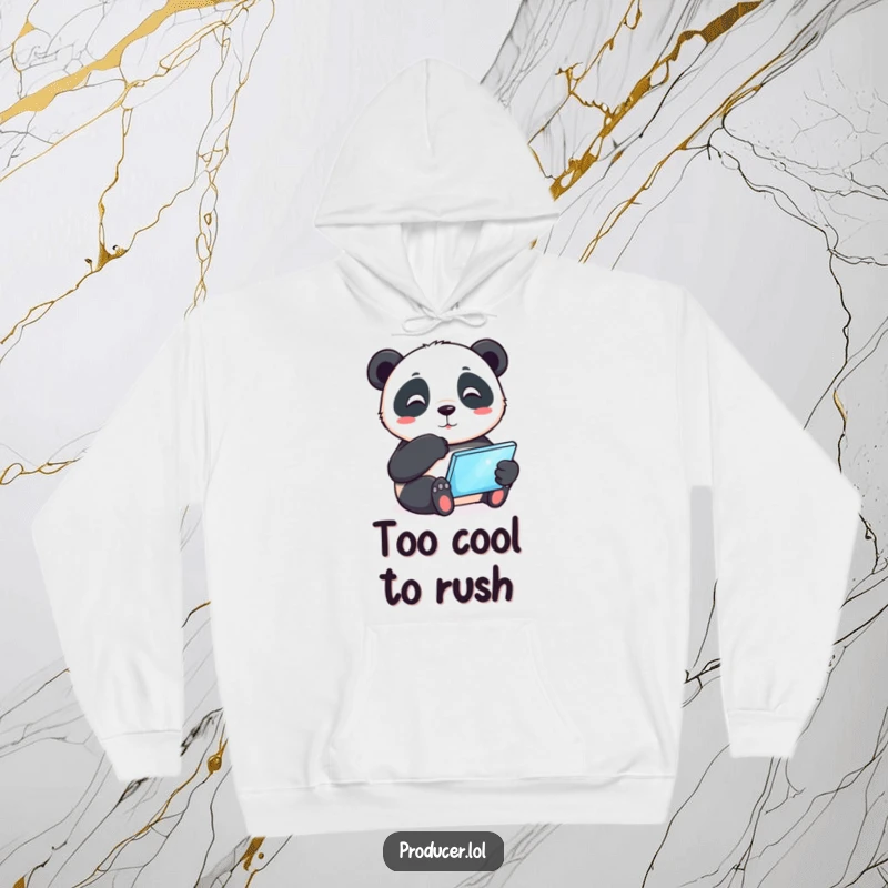 Funny playful panda tapping its chin thoughtfully while holding a glowing tablet, cozy hoodie design, perfect for staying warm and witty.