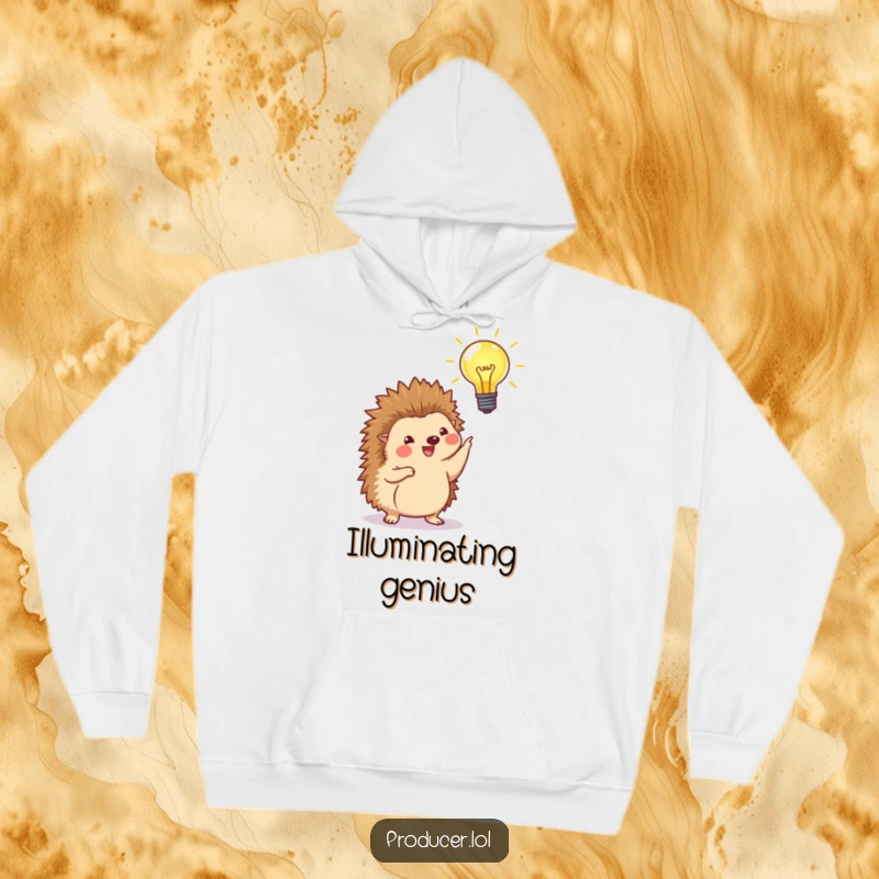 Funny hoodie with a happy hedgehog pointing at a beaming lightbulb, providing cozy comfort and a humorous symbol of bright ideas.