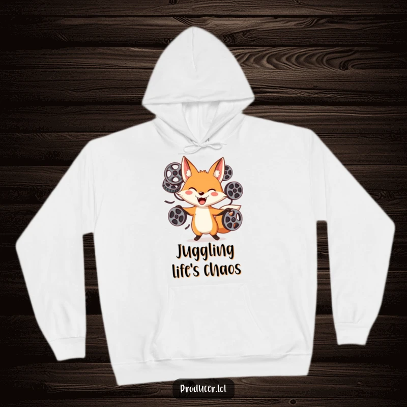 Funny Fox Film Reel Hoodie: A playful fox with a goofy grin juggles film reels, designed for comfort and movie lovers.