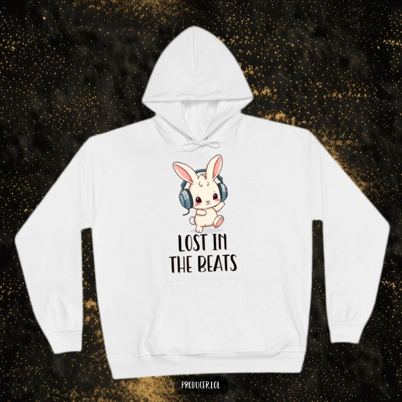 Funny hoodie featuring a curious bunny wearing oversized headphones and tapping its foot, offering cozy comfort and a funny musical vibe.
