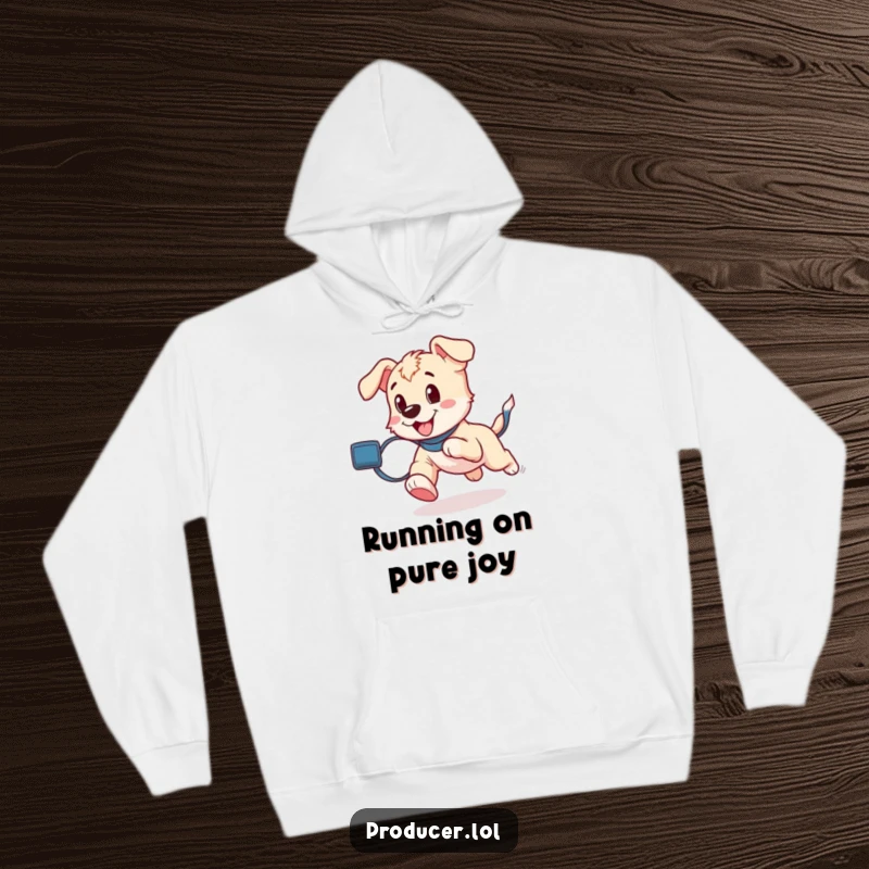 Cozy hoodie featuring a playful puppy enthusiastically running with a roll of film trailing behind.