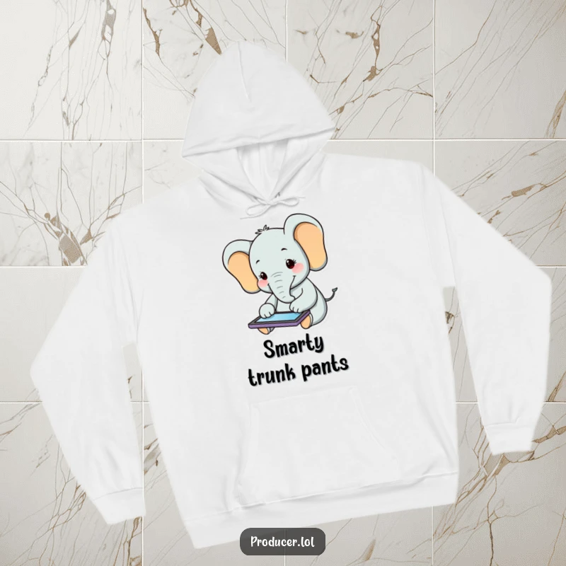 Funny Elephant Hoodie: A happy elephant sits comfortably, engrossed in a tablet, radiating warmth and digital contentment.