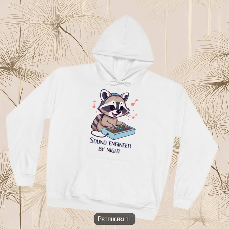 Funny Raccoon DJ Hoodie: A cheerful raccoon energetically mixing sounds on a DJ console, radiating fun and musical talent.