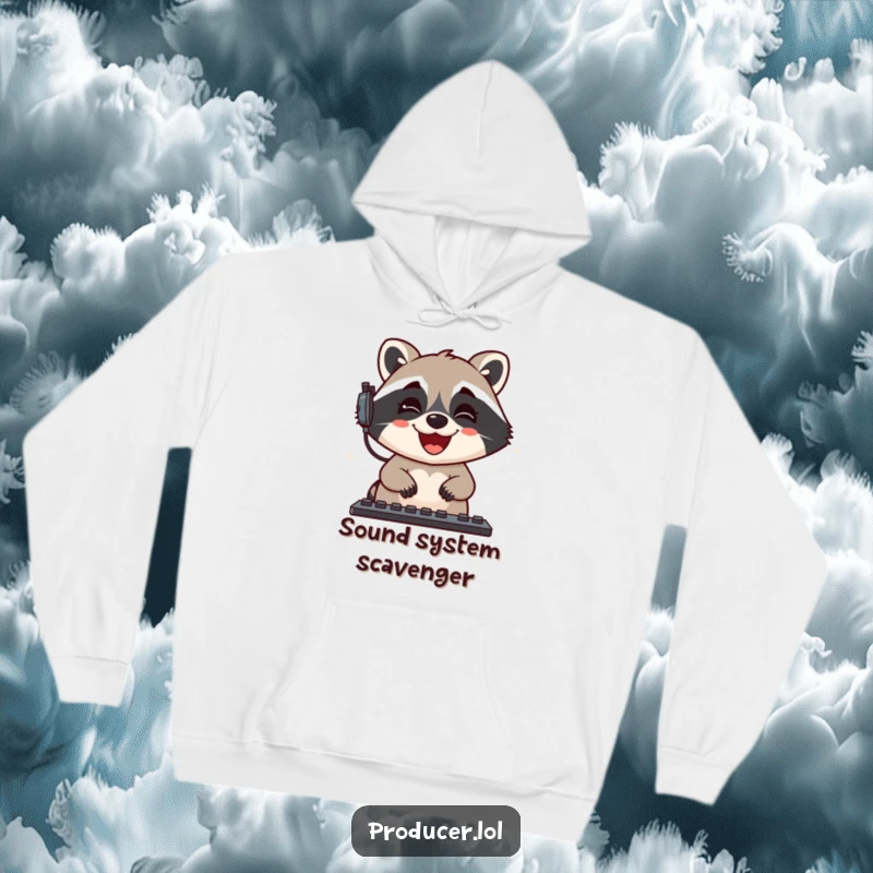 Funny Raccoon Hoodie: A grinning raccoon gleefully mixes sound levels, providing warm comfort and humorous style for audiophiles.