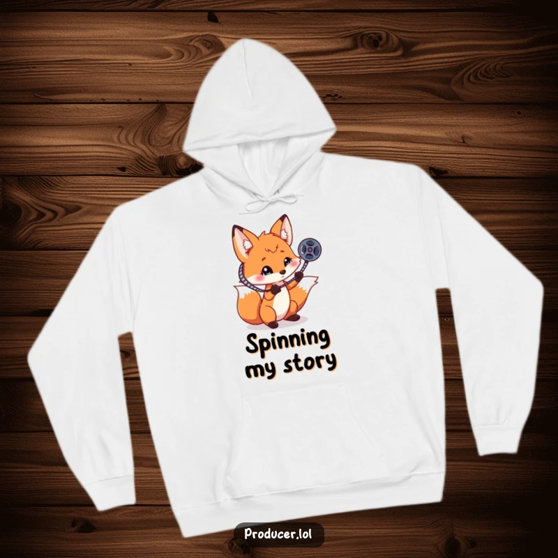 Funny playful fox spinning a film reel on one claw, a warm and humorous hoodie for ultimate comfort.