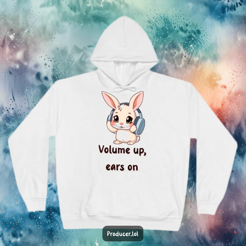 Funny curious rabbit with wide eyes adjusting large headphones, a warm and humorous hoodie for ultimate coziness.