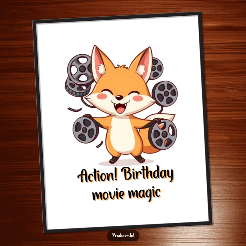 Funny Free Printable Wall Art: Goofy fox with a wide grin, masterfully juggling multiple film reels.