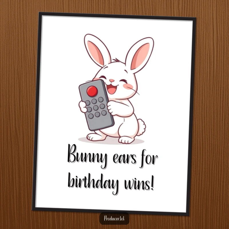 Funny Free Printable Wall Art: Cheerful bunny holding a large remote control, pressing a big red button with glee.