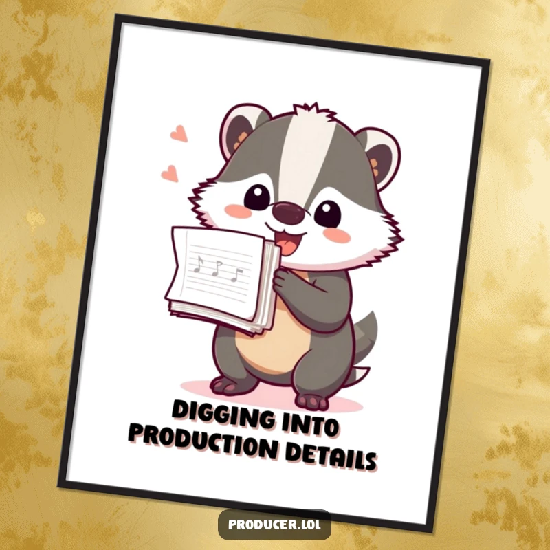Funny Free Printable wall art of a playful badger excitedly holding a large stack of production notes, planning something big.