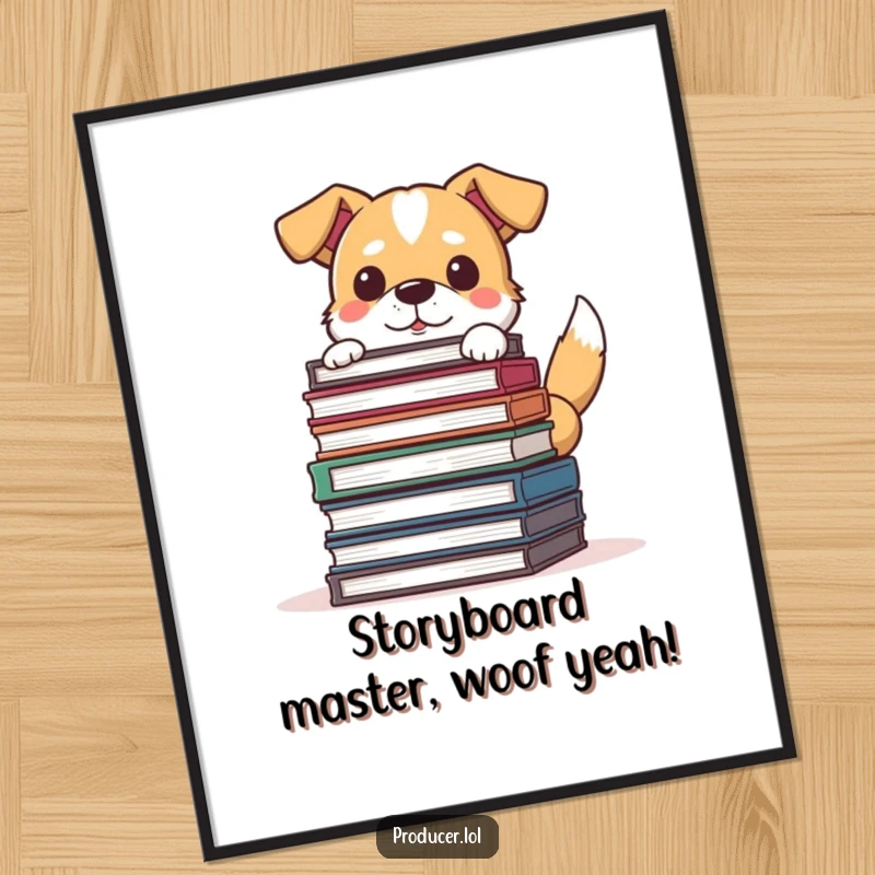 Funny Free Printable wall art of a determined dog peeking from behind storyboards, tail wagging, ready for the next scene.