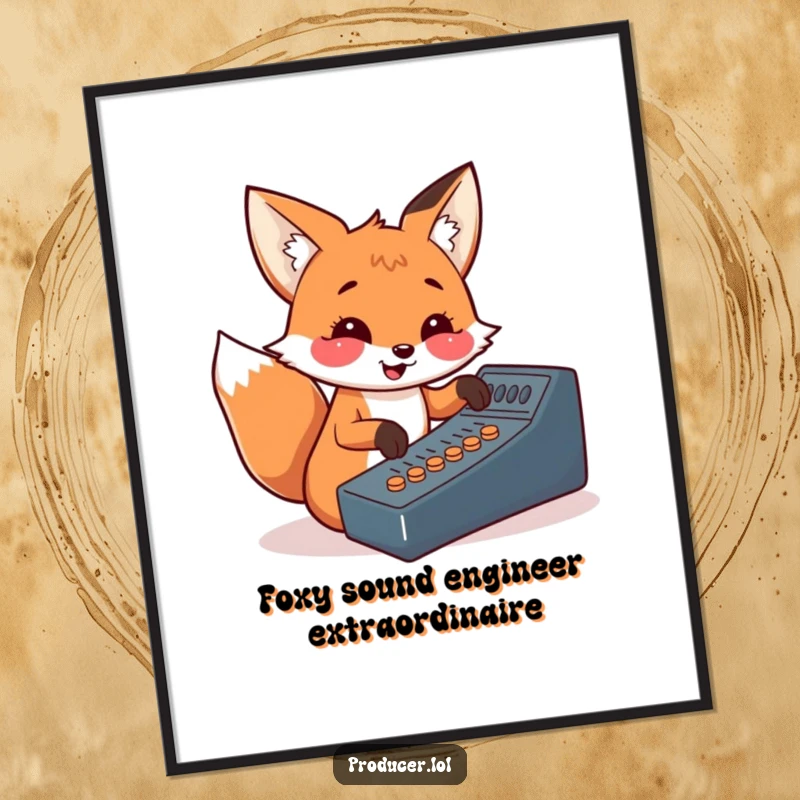 Funny Free Printable Fox Wall Art: A cheerful fox energetically pressing buttons on a colorful soundboard, capturing the joy of music creation.