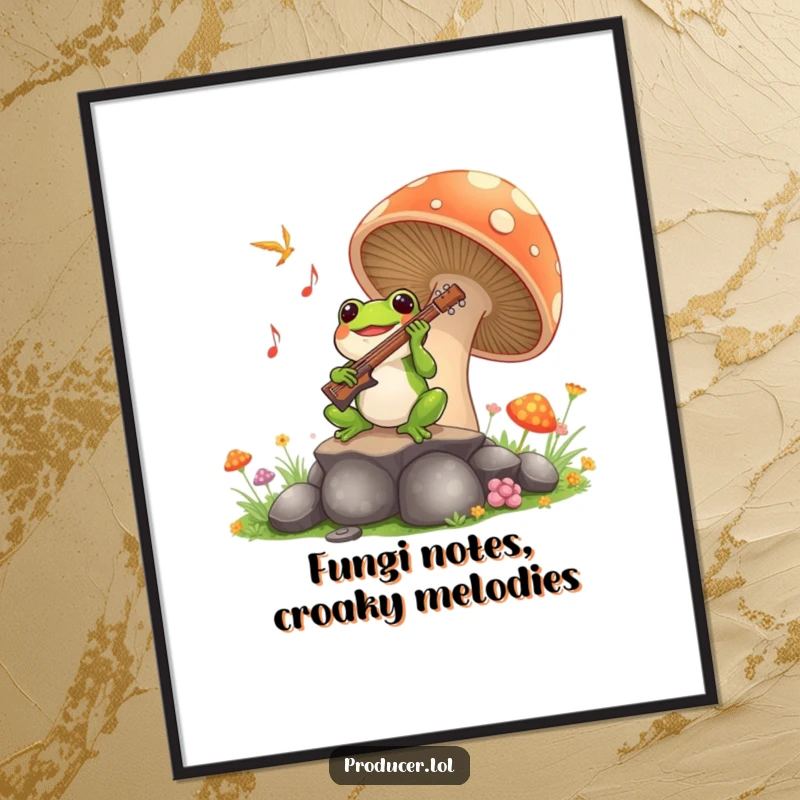 Funny free printable wall art: A joyful frog playing enchanting music from atop a giant, colorful mushroom.