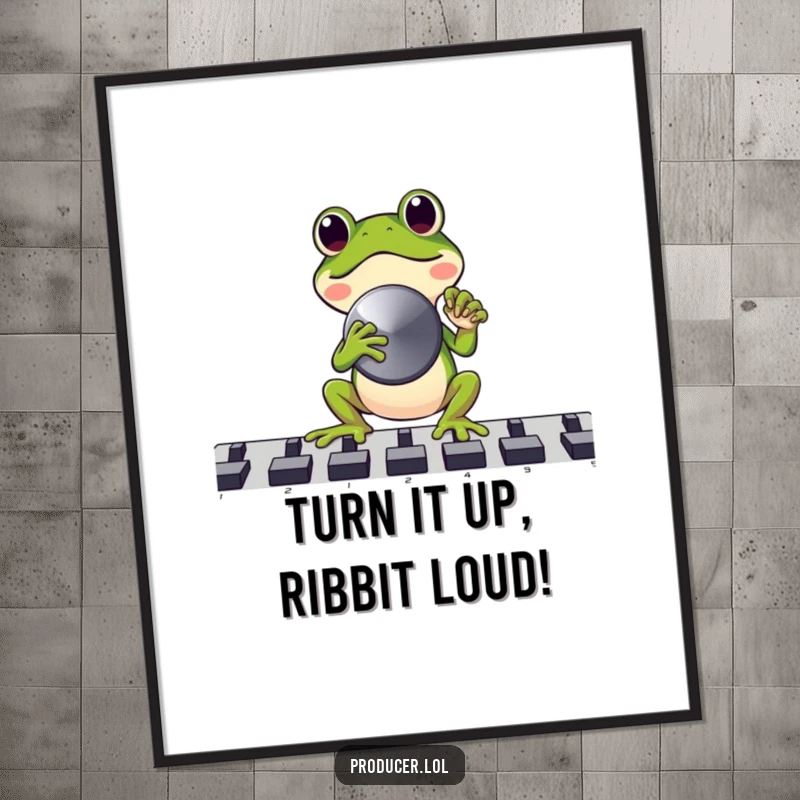 Funny Free Printable wall art of a joyful frog holding a gigantic fader knob, pushing it all the way up with excitement.