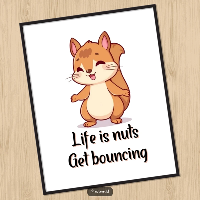 Funny Free Printable Wall Art: A happy squirrel bouncing joyfully and nodding its head to an infectious, upbeat rhythm.