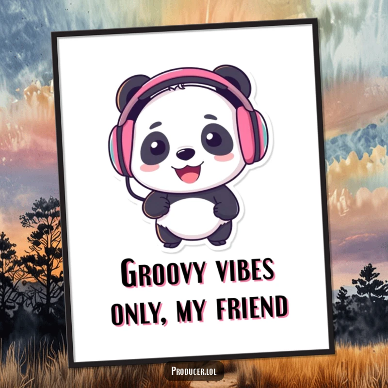 Funny Free Printable wall art of a smiling panda wearing large headphones, bopping its head to an unheard beat, full of musical joy.