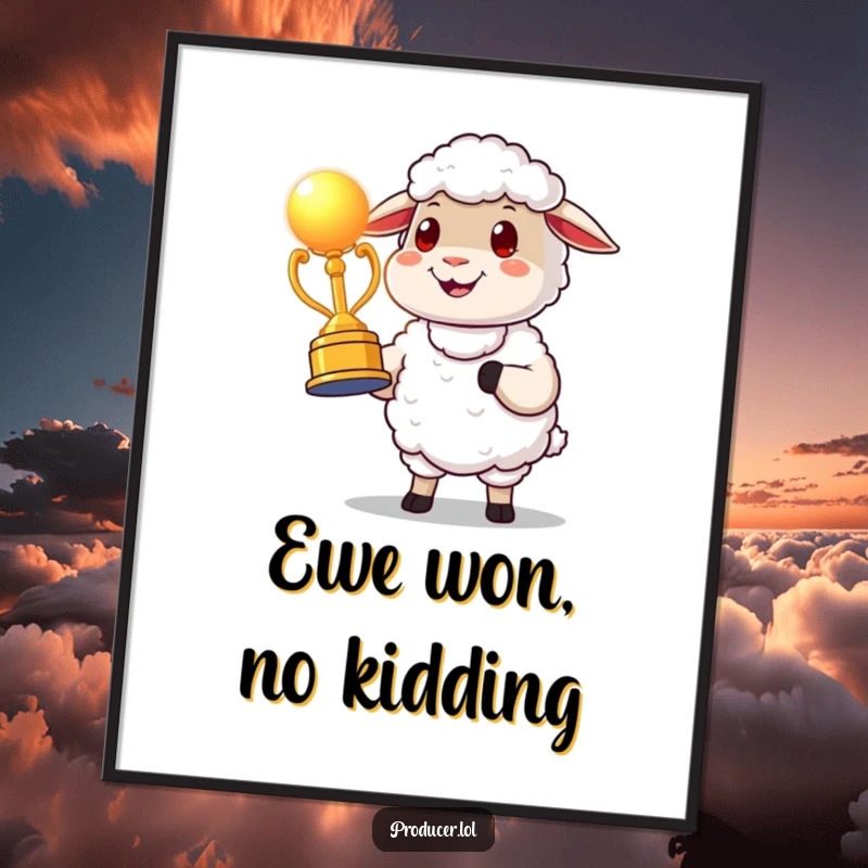 Funny Free Printable Sheep Wall Art, proudly presenting a glowing award statue, exuding satisfaction and achievement.