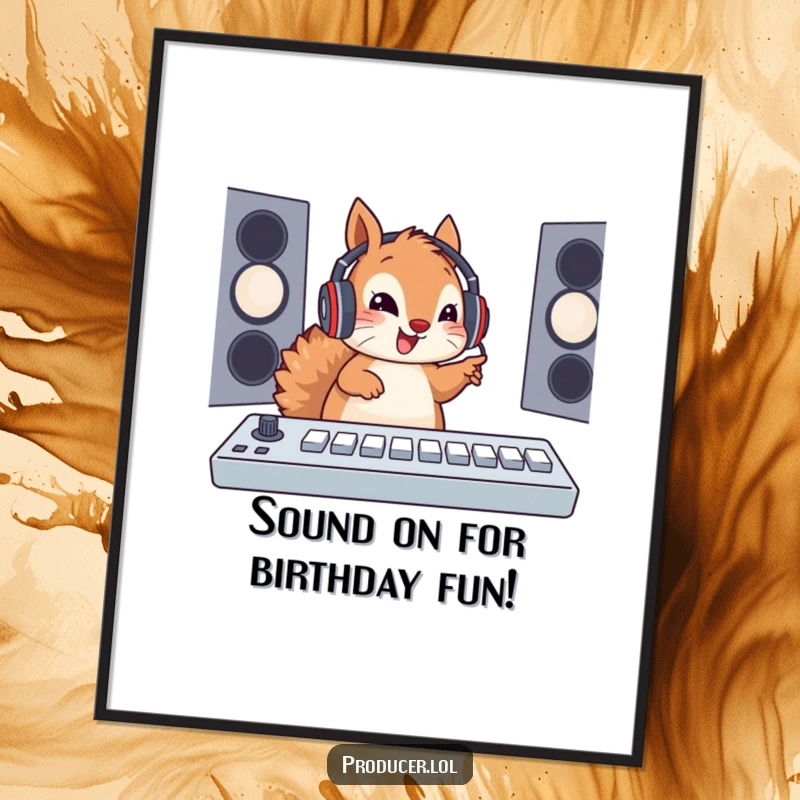 Funny Free Printable Wall Art: Cute squirrel DJ with headset, enthusiastically mixing tracks on a soundboard.