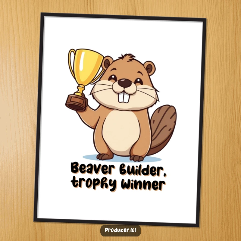 Funny Free Printable Wall Art: Determined beaver proudly holding a trophy, a symbol of success and determination.