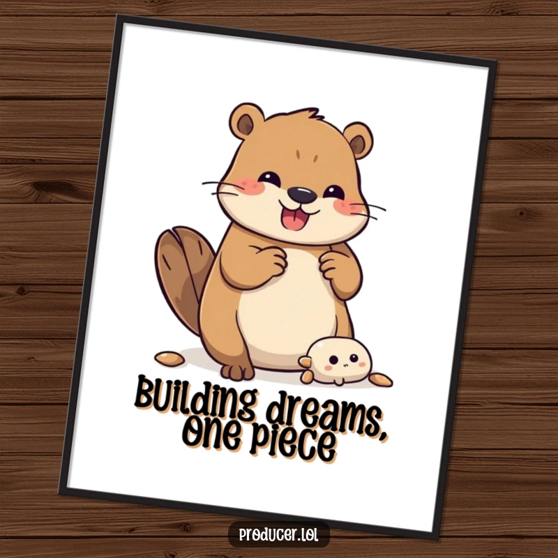 Funny Free Printable Wall Art: A beaver bounces with joy while assembling a detailed structure, perfect for inspired decor.