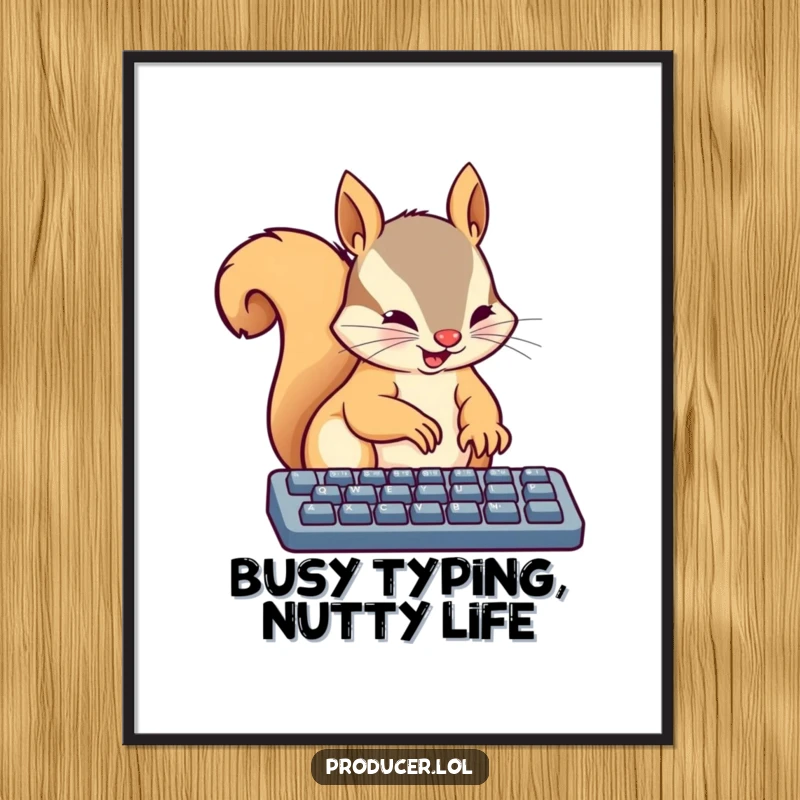 Funny Free Printable Wall Art: A busy squirrel energetically taps on a keyboard with tiny paws, adding a touch of humor to your walls.