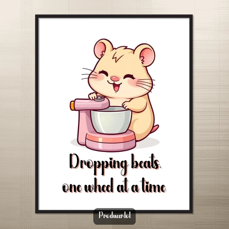Funny Free Printable Wall Art: A cheerful hamster concentrating intensely while spinning a DJ mixing board.