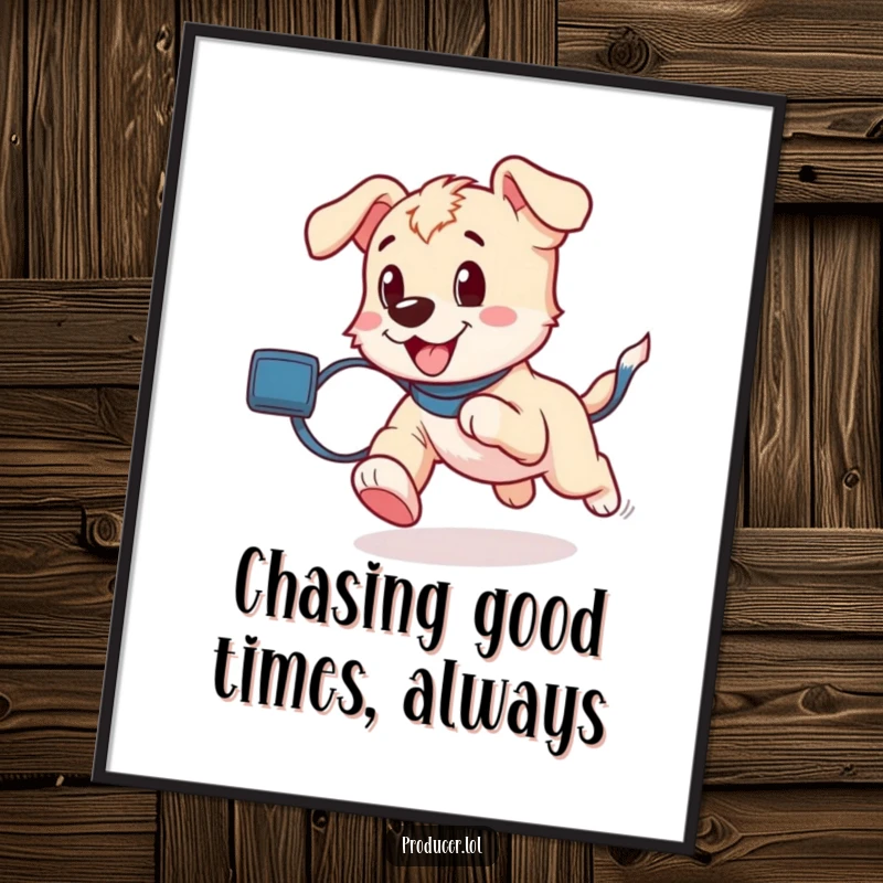 Funny Free Printable Wall Art: A playful puppy excitedly running with a roll of film trailing behind.