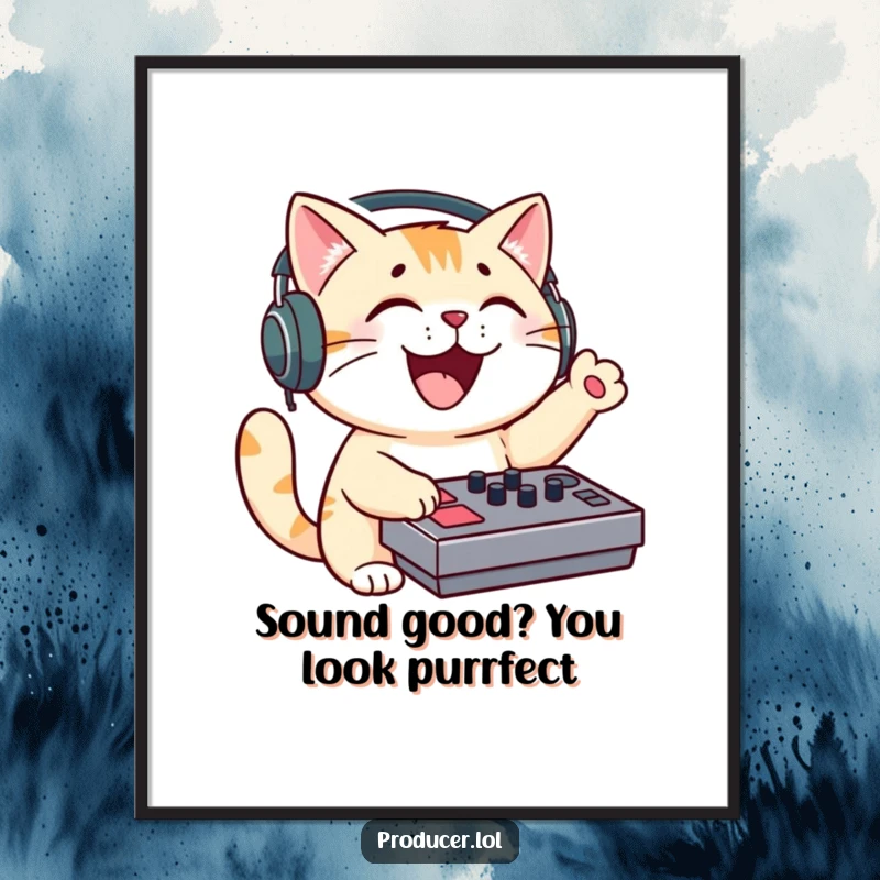 Funny Free Printable Wall Art: Cat DJ wearing headphones, enthusiastically mixing music on a soundboard, full of energy.