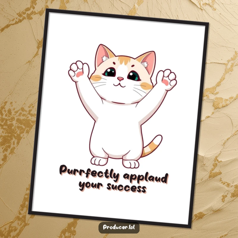 Funny Free Printable Wall Art: A comical cat standing on its hind legs, paws raised high in a delighted ovation.