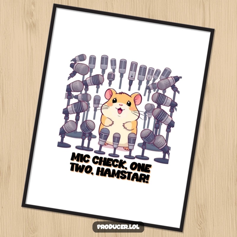 Funny Free Printable Wall Art: Happy hamster surveying many microphones, ready to perform, whimsical and humorous art.