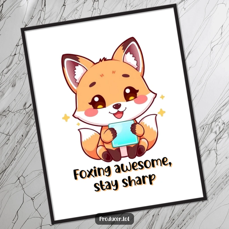 Funny free printable wall art of a happy fox captivated by the glow of a digital screen, adding personality.