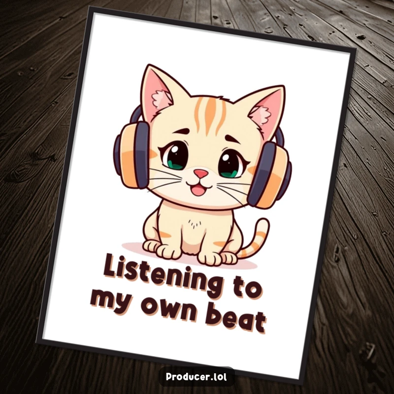 Funny Free Printable Wall Art: Determined cartoon cat wearing large headphones, intently listening, joyful expression, enjoying music.