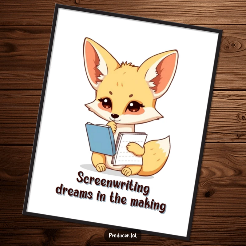 Funny Free Printable Wall Art: A Fennec Fox tapping its chin with a script, contemplating life's great questions with artistic flair.