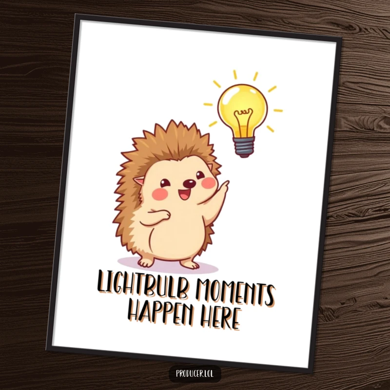 Funny Free Printable Wall Art featuring a happy hedgehog proudly pointing at a beaming, illuminated lightbulb.
