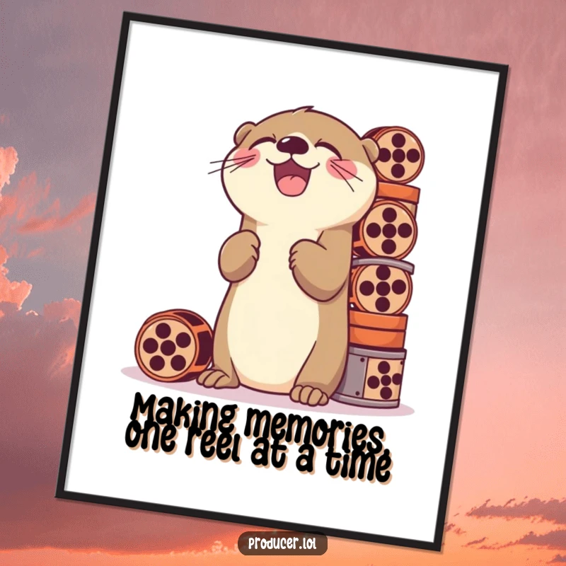 Funny free printable wall art of a playful otter laughing while stacking multiple high film reels, creating a quirky scene.