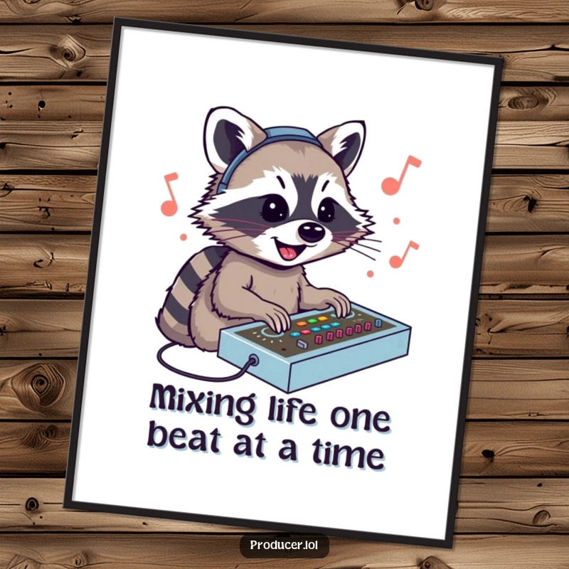 Funny Free Printable wall art showcasing a smiling raccoon DJ enthusiastically mixing sounds at a console, master of the music.