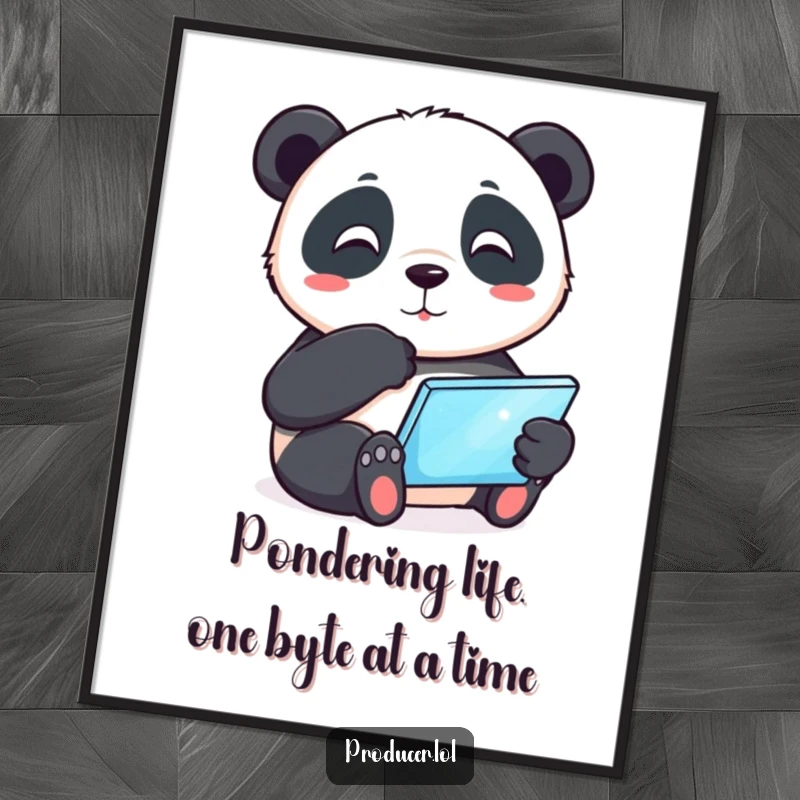 Funny Free Printable Wall Art: Playful panda tapping chin with a glowing tablet, a humorous and charming DIY download.