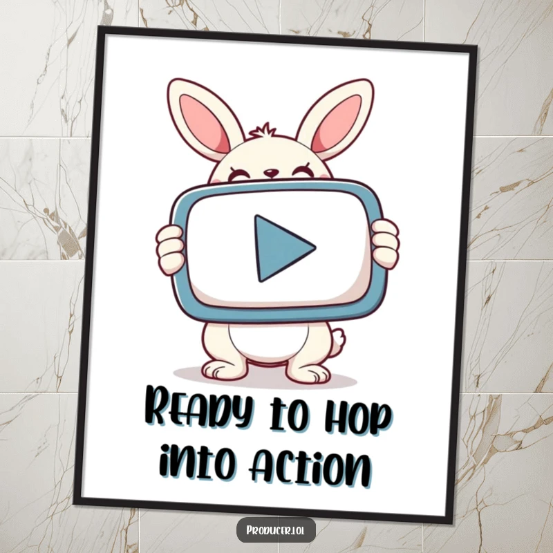 Funny Free Printable Wall Art: A determined bunny holding a giant PLAY button, ready for action.