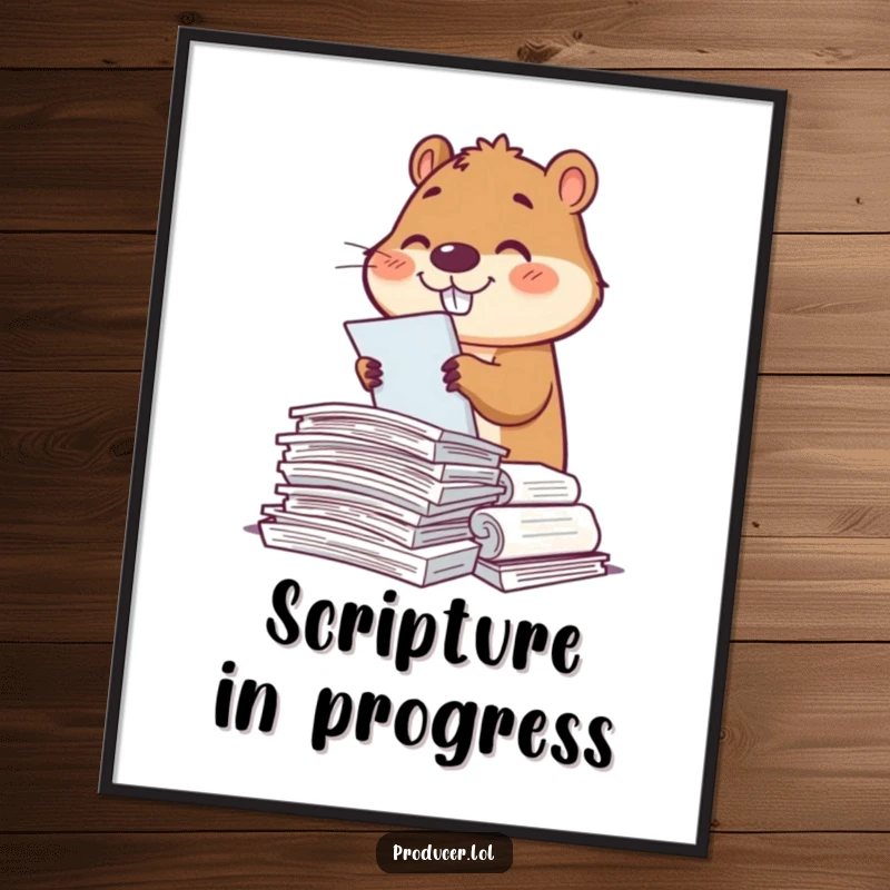 Funny Free Printable Wall Art: A smiling beaver diligently sorts through a large stack of movie or play scripts.