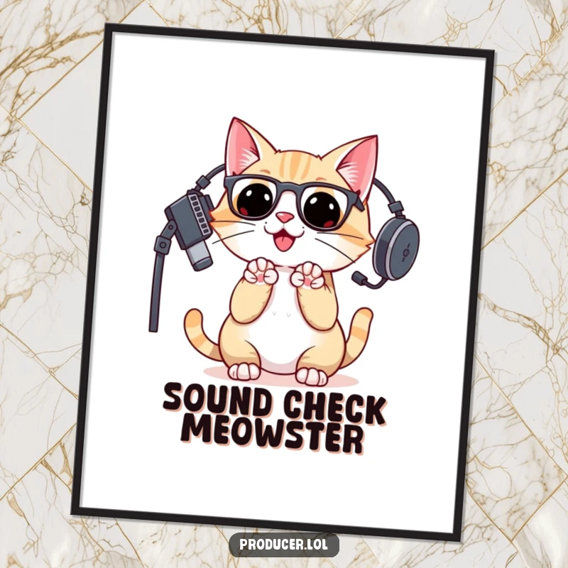 Funny Free Printable Wall Art: Cat DJ wearing a studio headset, enthusiastically clapping paws, ready to spin tunes.