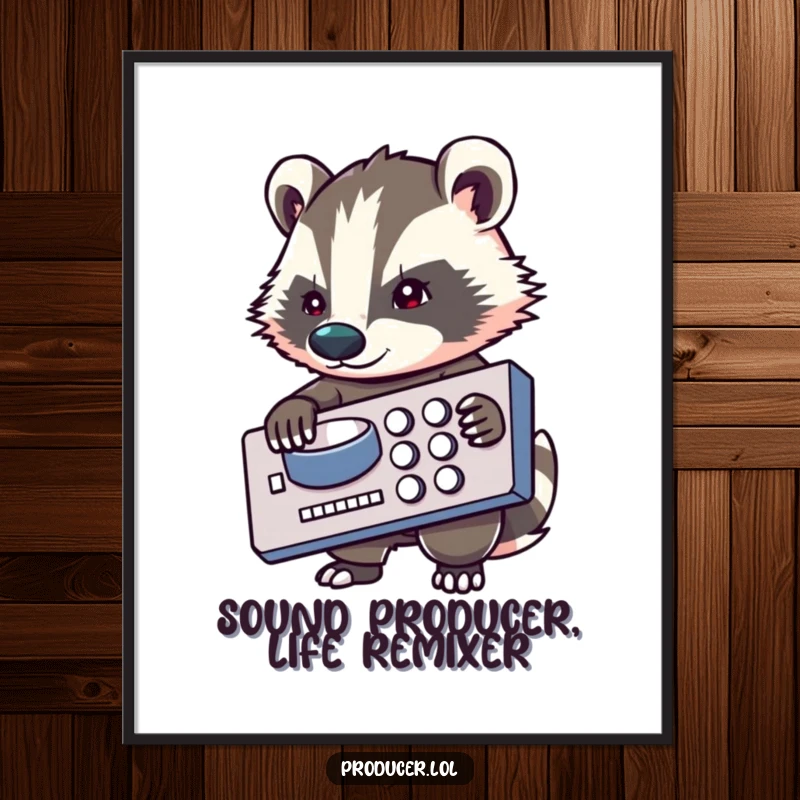 Funny Free Printable Badger Wall Art: A determined badger DJ intently focused on a giant mixing board, perfect for music lovers.