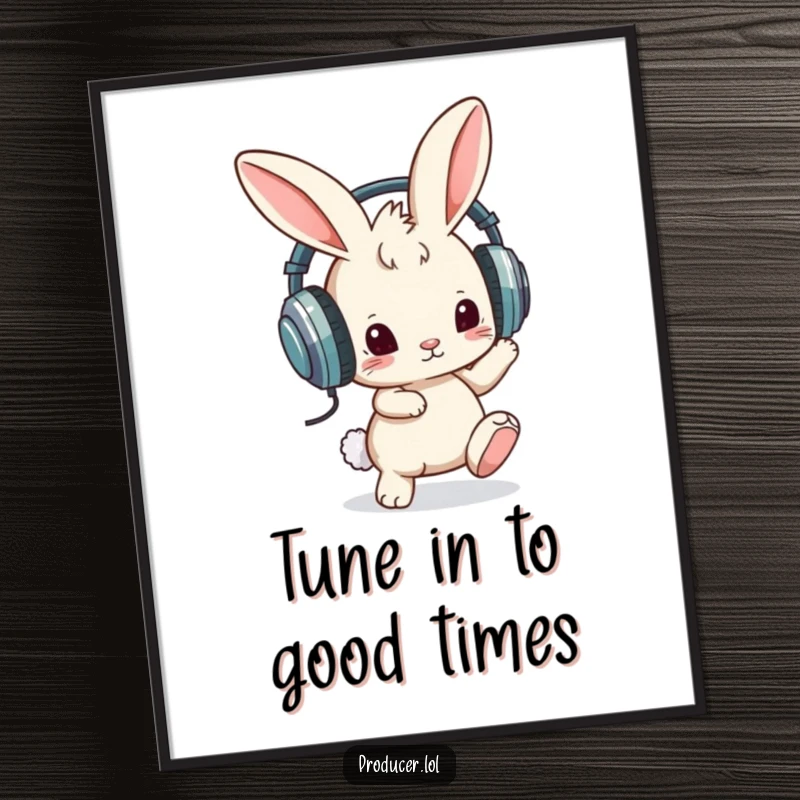 Funny Free Printable Wall Art of a curious bunny wearing oversized headphones, tapping its foot energetically to a rhythm.